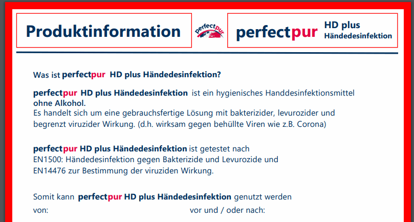 Produktinformation perfectpur HD plus HAnddesinfektion