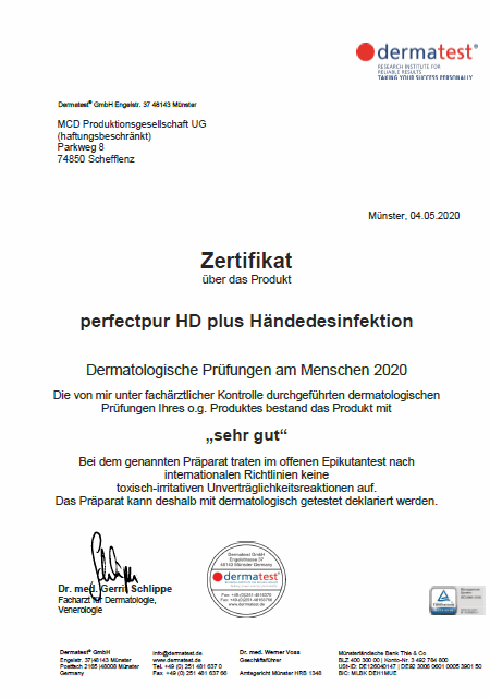 Zertifikat dermatest für perfectpur HD plus Handdesinfektion
